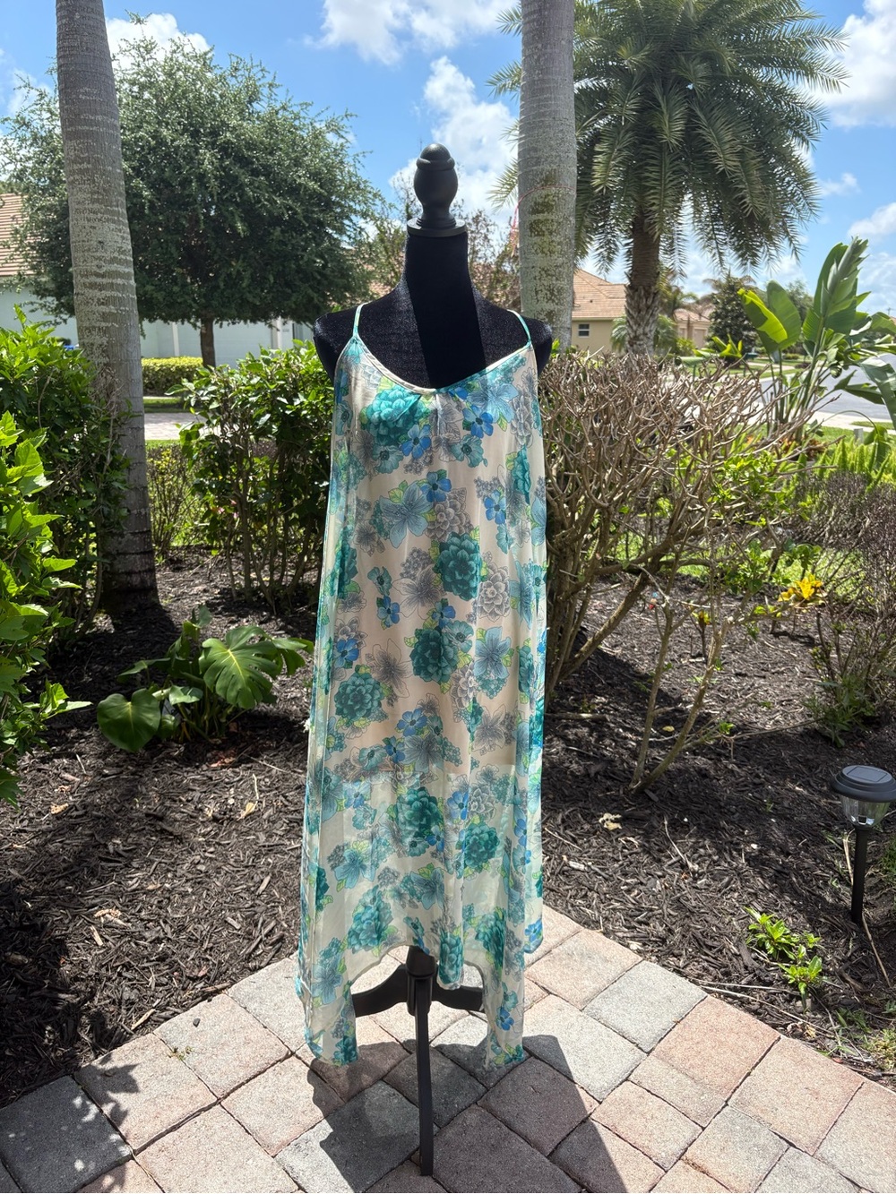 lovestitch Teal & Blue Floral Dress, sheer with lining to knee